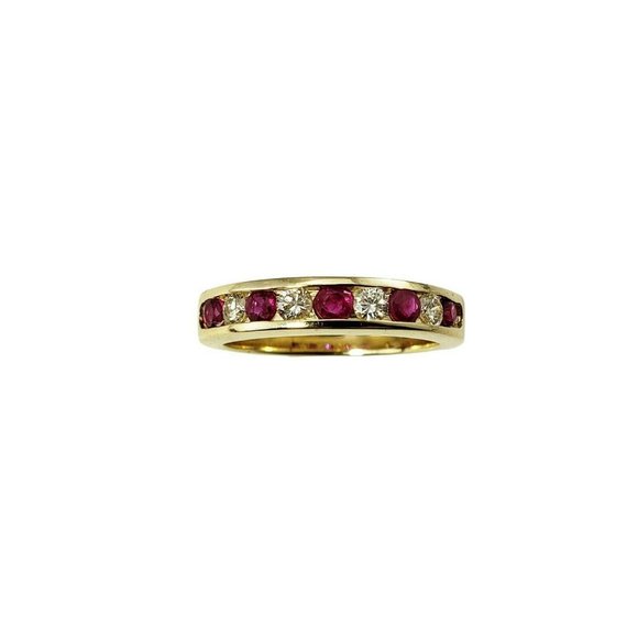 Vintage 14 Karat Yellow Gold Lab Created Ruby Diamond Band Ring Size 6.5 #11435 - Picture 2 of 9
